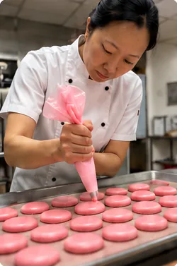 Jenna piping pink macaron shells onto a tray
